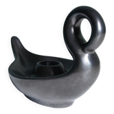 Zoomorphic swan candlestick in black glazed ceramic, Italy circa 1950.