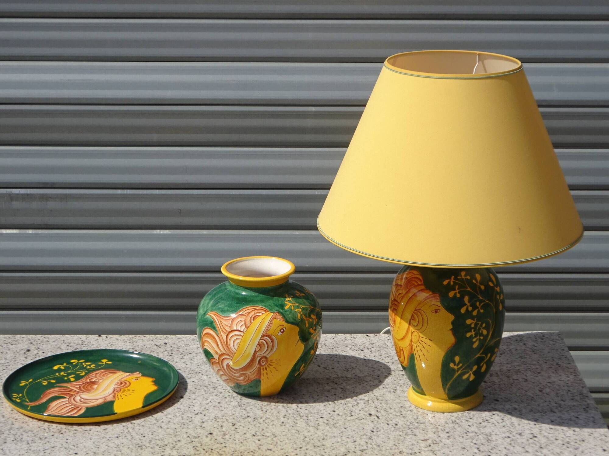 Ceramic lamp L. Drimmer with vase and matching plate.