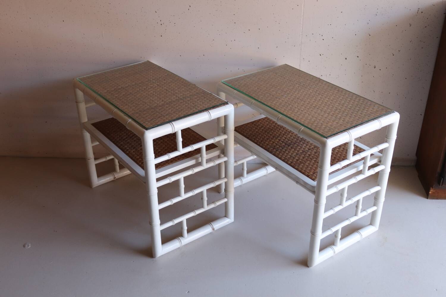 Pair of bedside tables in bamboo effect wood and woven wicker