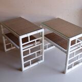 Pair of bedside tables in bamboo effect wood and woven wicker