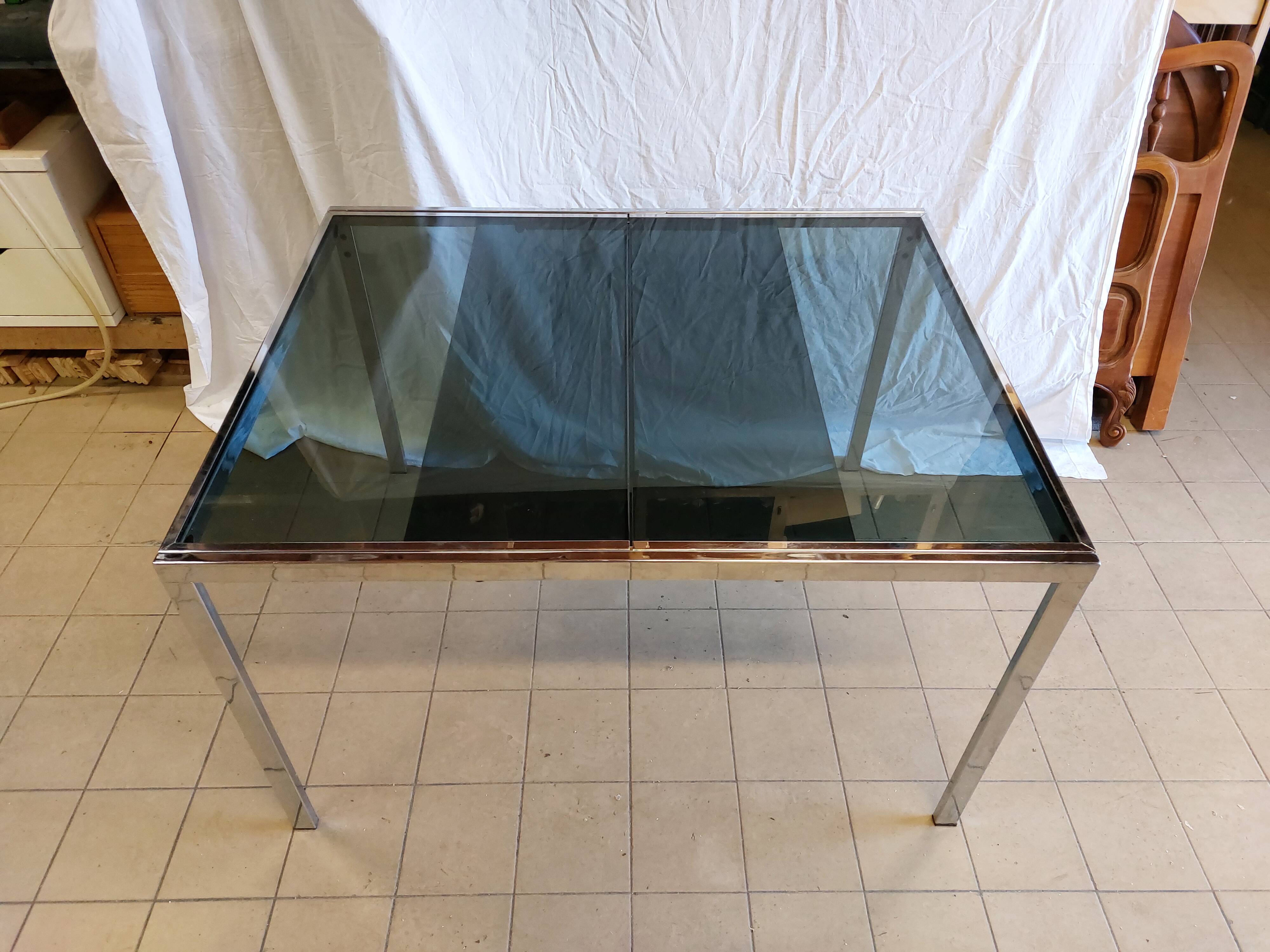 Table vintage extensible verre teinté et chrome Milo Baughman - Années 70