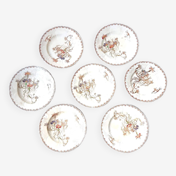 Set of 7 nielles model plates in longwy earthenware, art nouveau, circa 1900