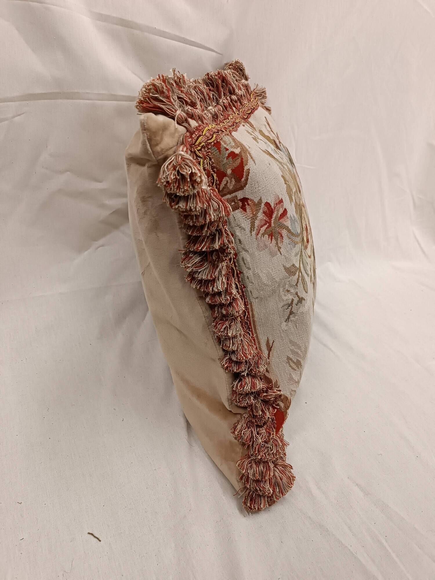 French Style Aubusson Floral Tapestry Cushion, Rose Bouquet & Tassel Fringe