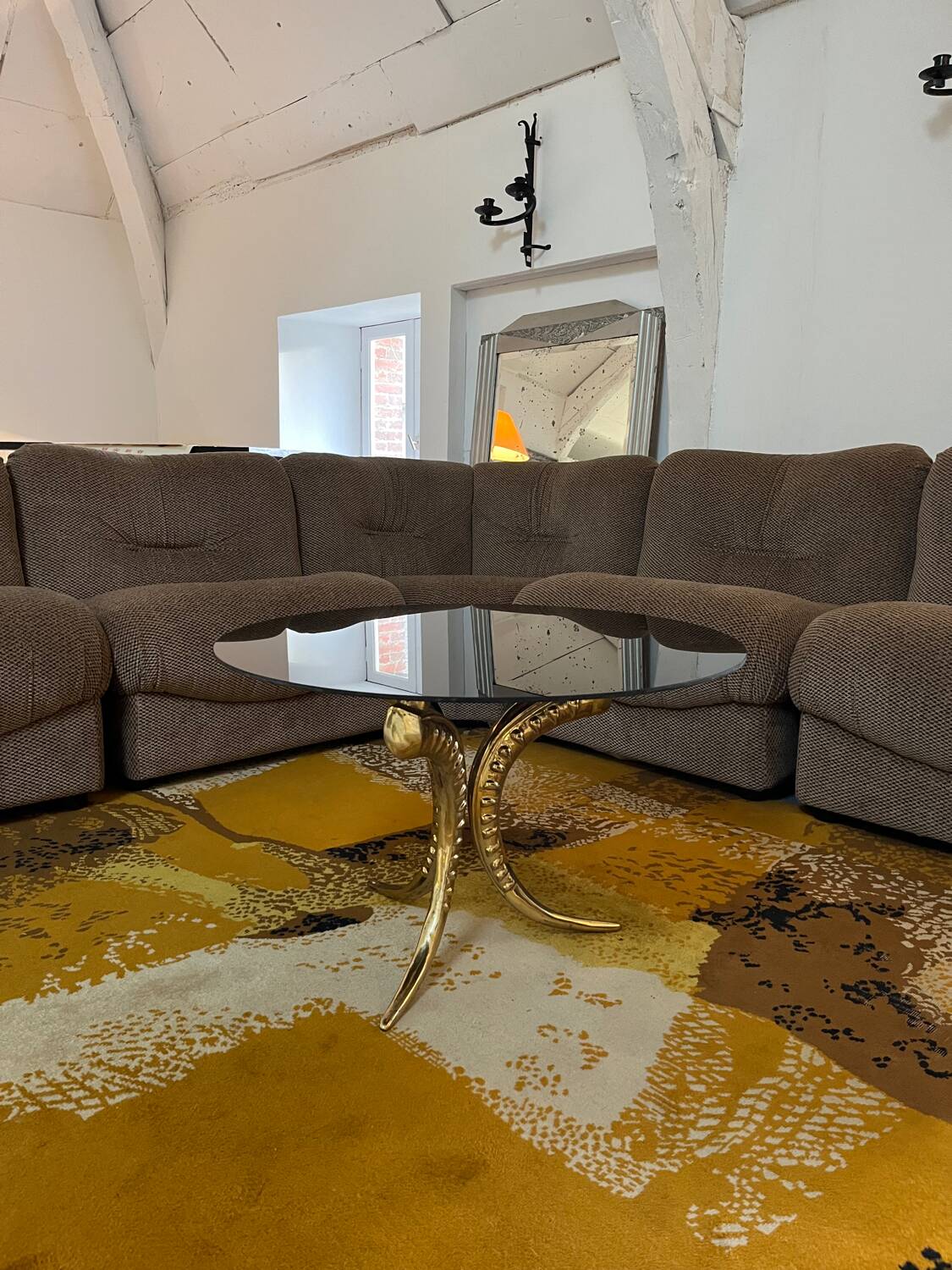 70's side table in brass and glass