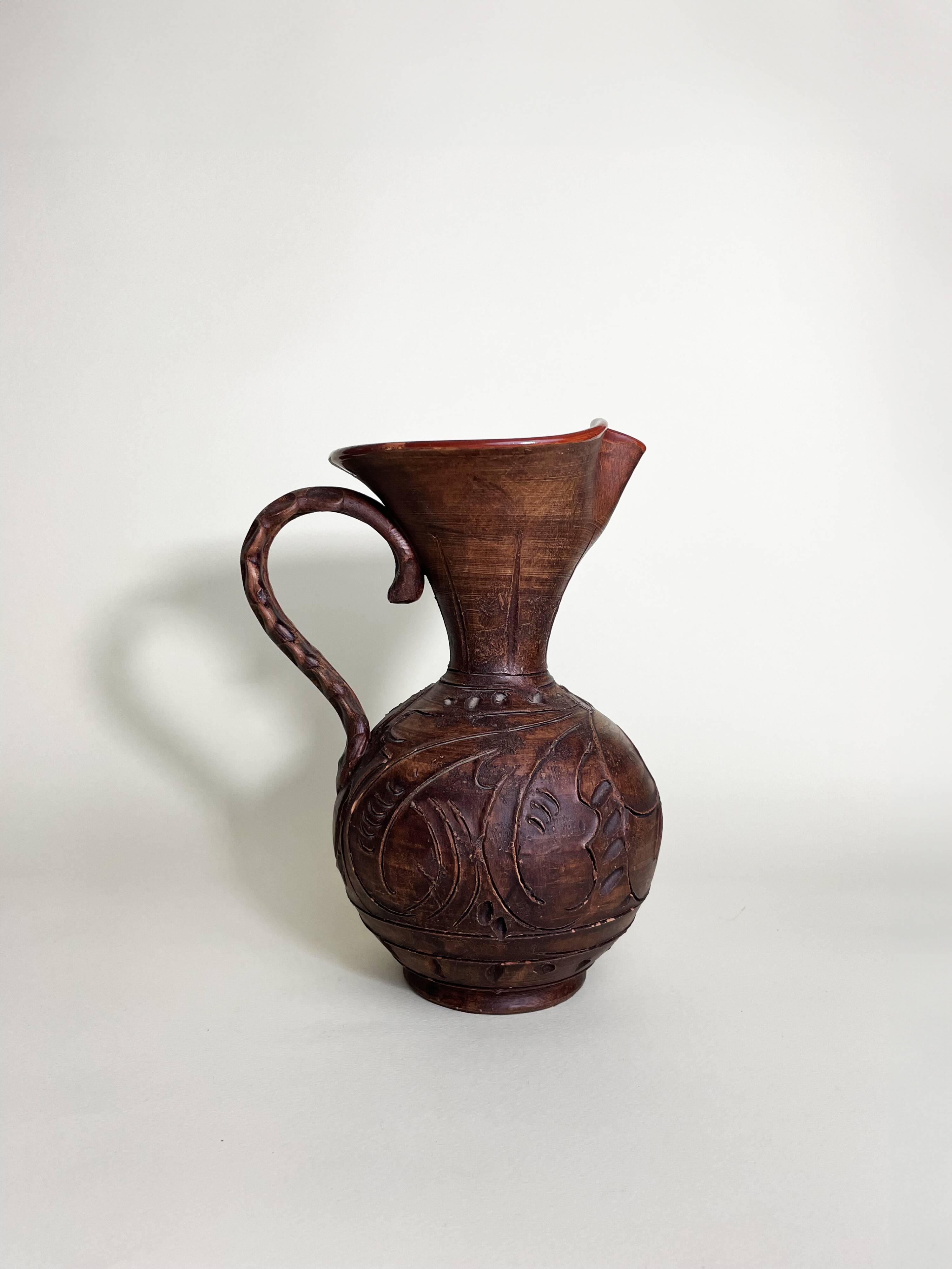 Terracotta Pitcher Vase with Enameled Interior and Engraved Wood Effect