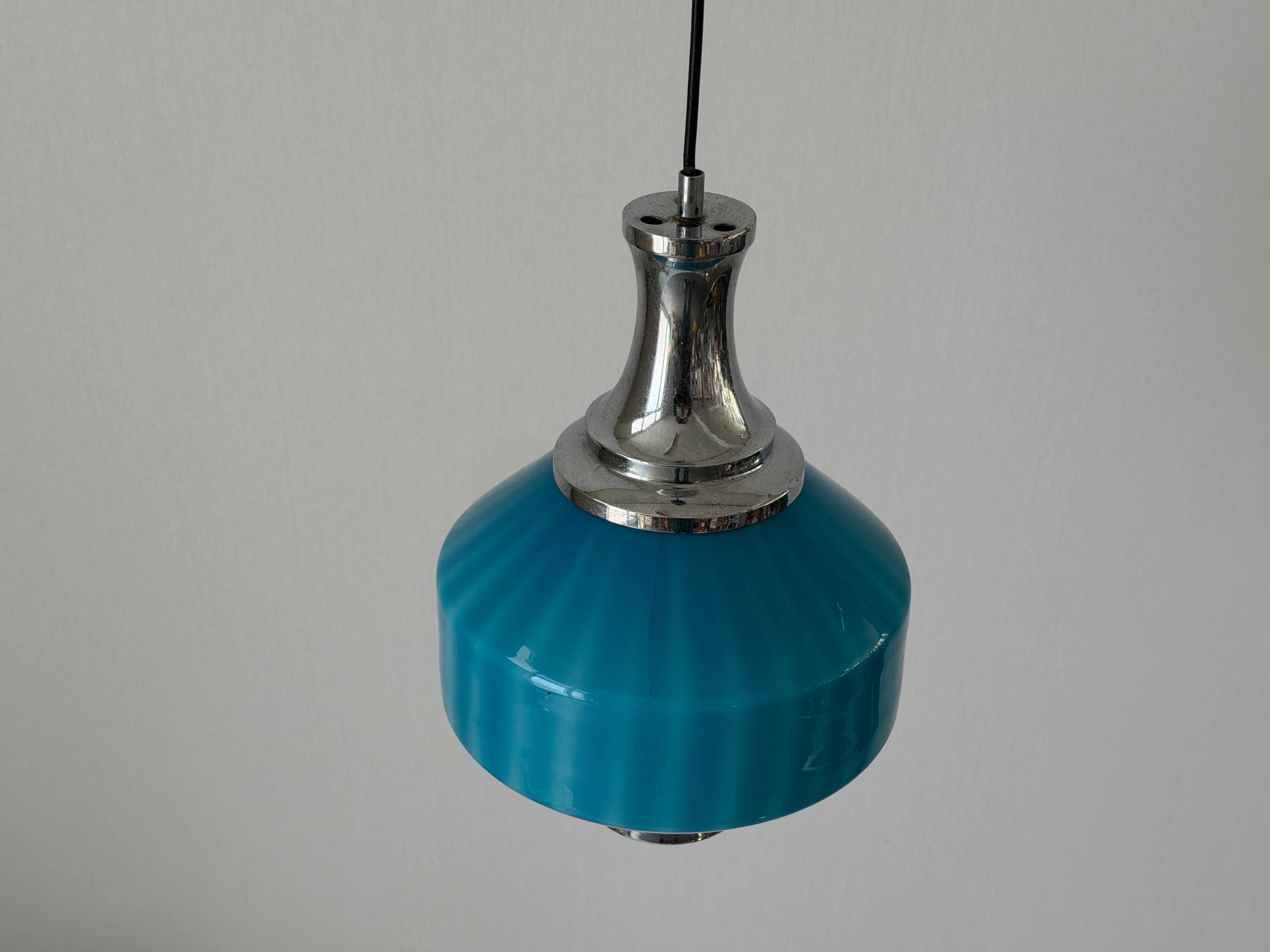 Blue glass ceiling light with a chrome frame, 1960s, Germany.