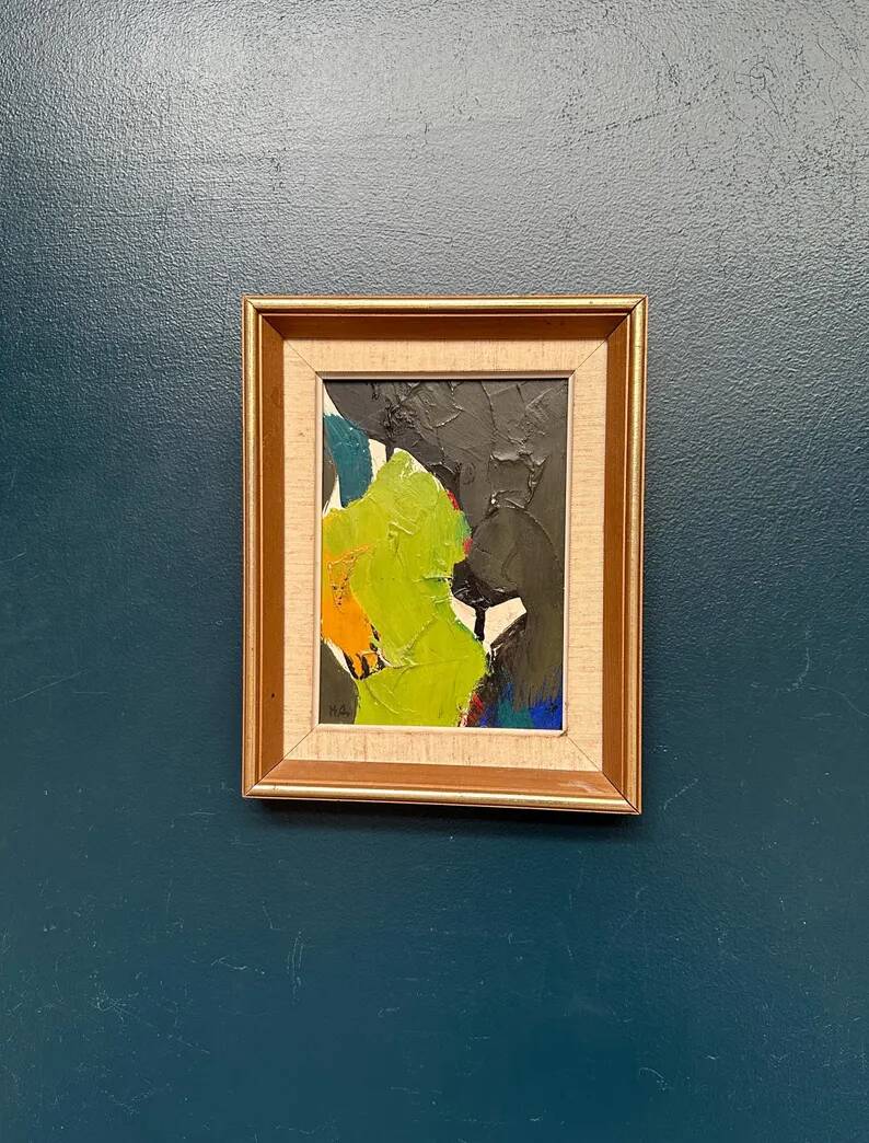 Original Swedish Oil on Panel – “Abstract in Green” by Hans Oswald – Signed – Vintage and Framed – 32 × 25 cm (12.6" × 9.8")