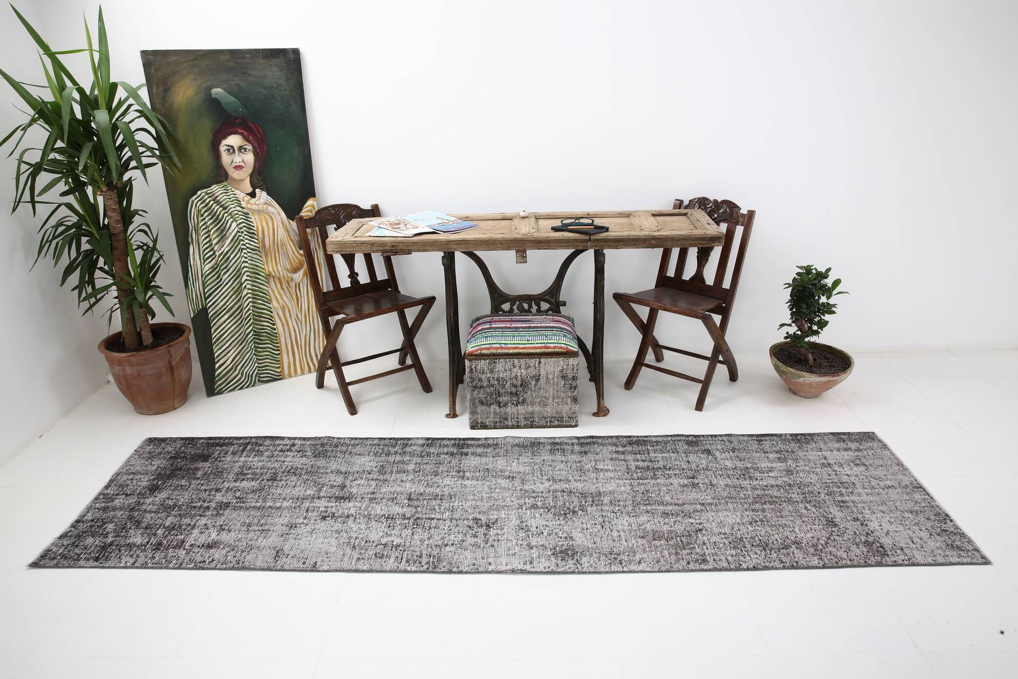 3x10 Rug For Hallway Gray Blue Turkish Vintage Runner Rug, 81x306Cm
