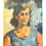 Painting on canvas, woman portrait wearing a blue dress 1940