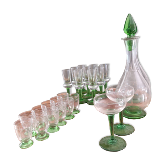 Antique crystal tableware set of carafe and tasting glasses from the 1900s