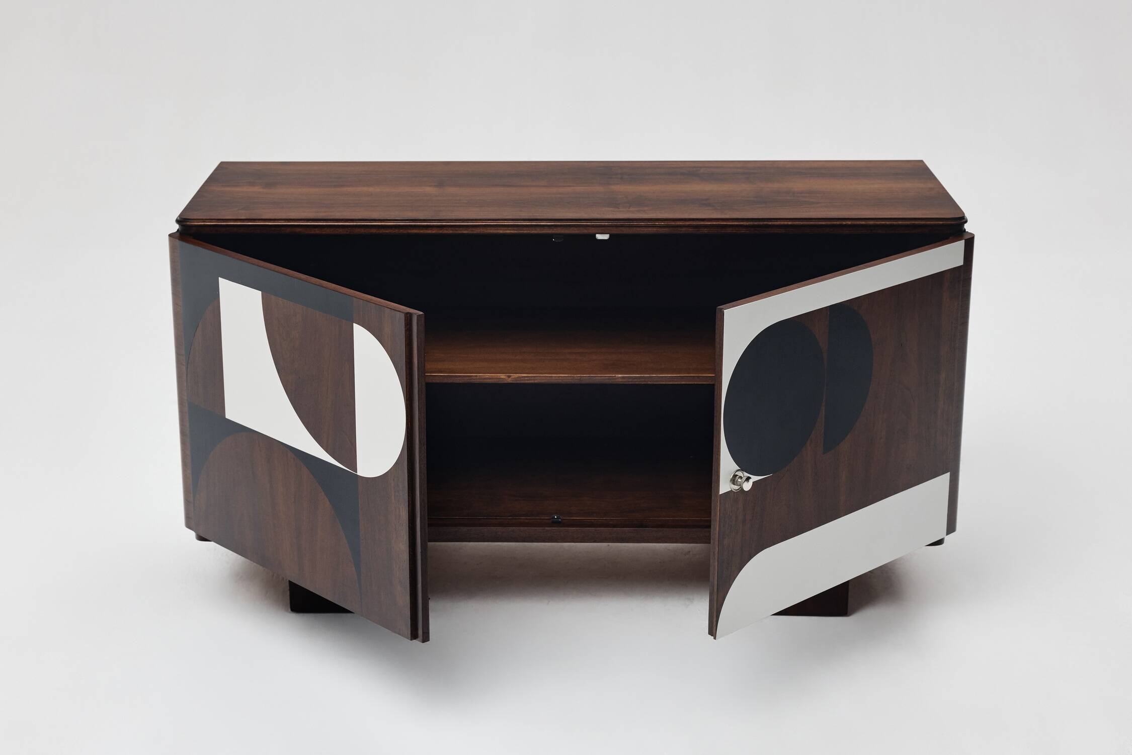 1950s Vintage Sideboard, Modernist, Walnut, Geometric Op Art Pattern