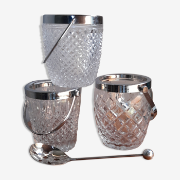trio of chiseled glass ice buckets diamond tip - 1970