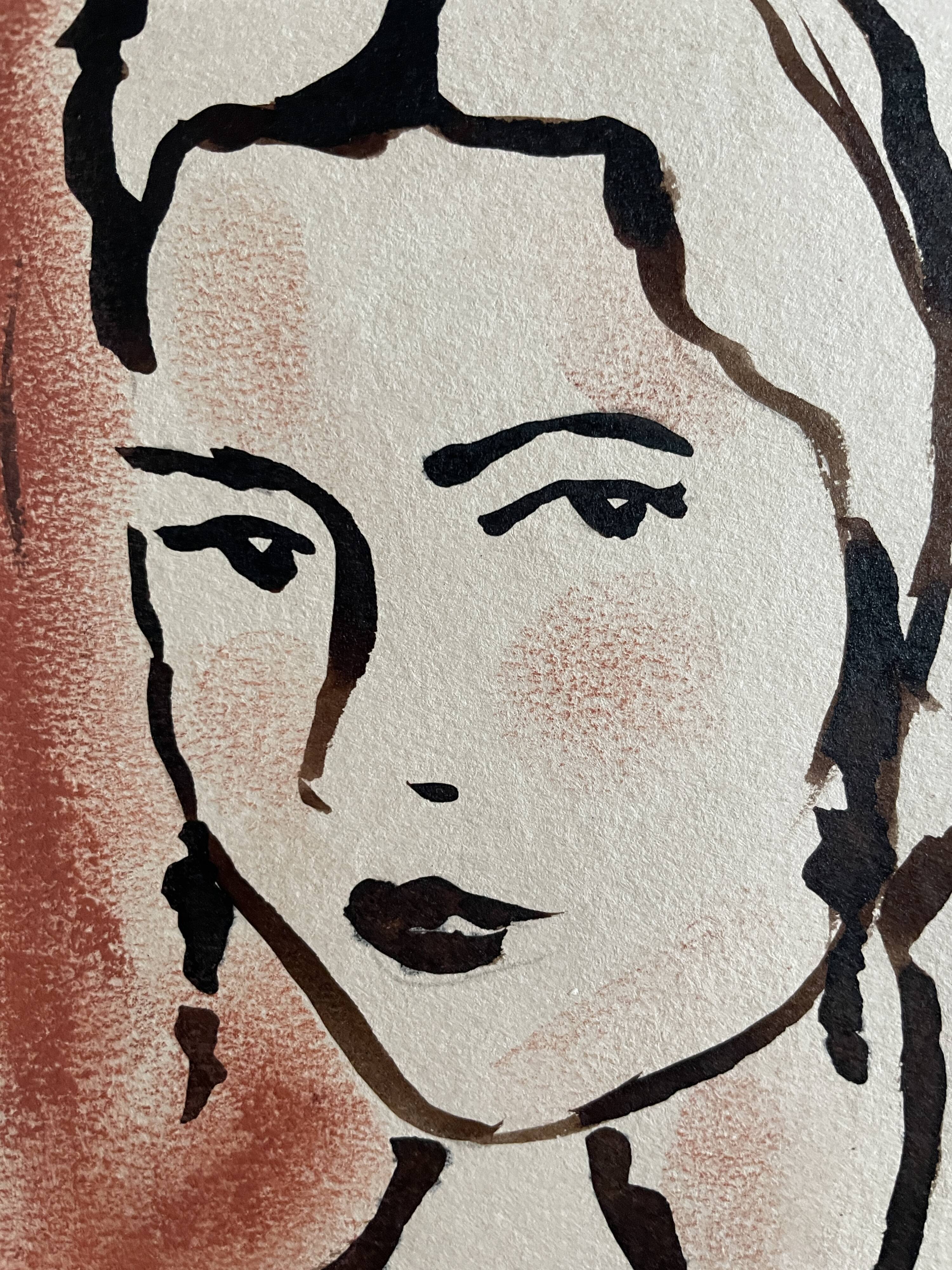 Painting signed Indian ink and pastel female portrait “study with headdress”