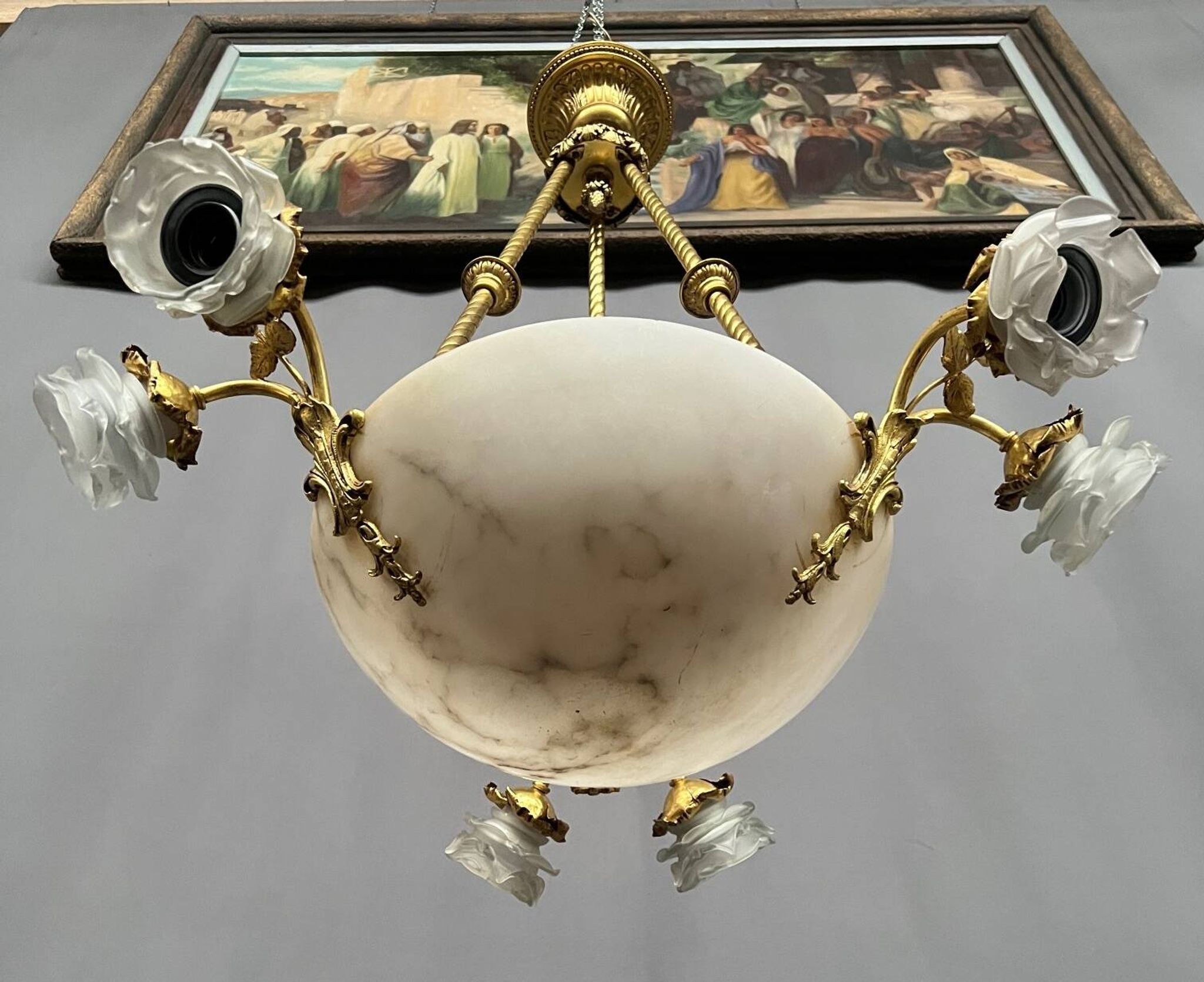 Art Deco chandelier. Marble, solid gilded bronze.