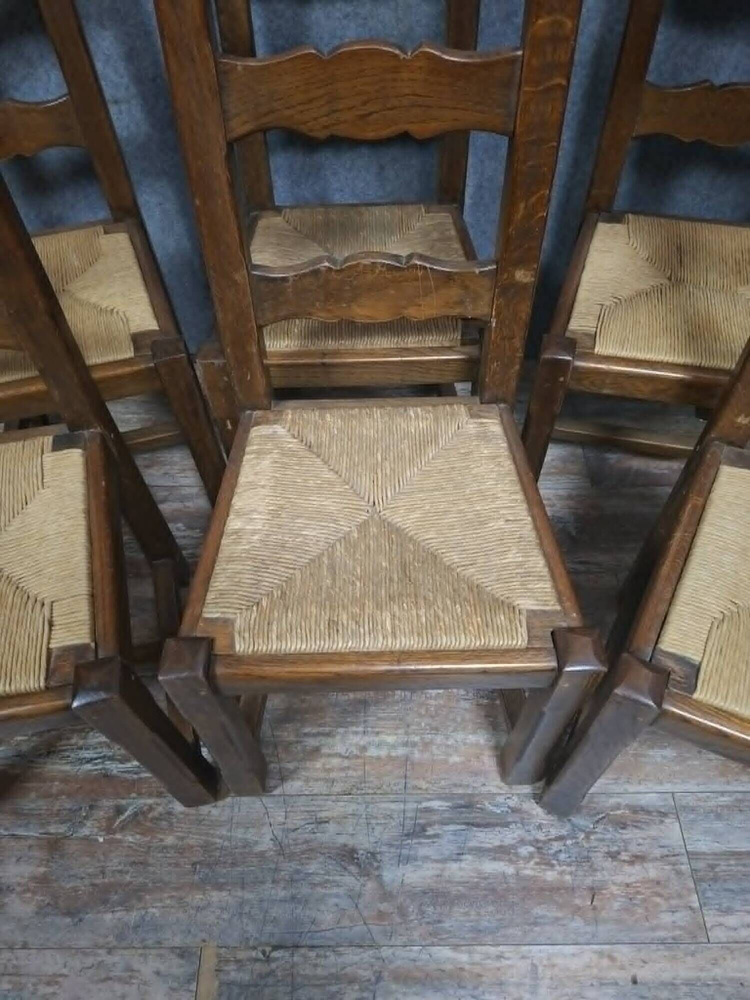 Set of six rustic chairs in natural wood, regional French craftsmanship.