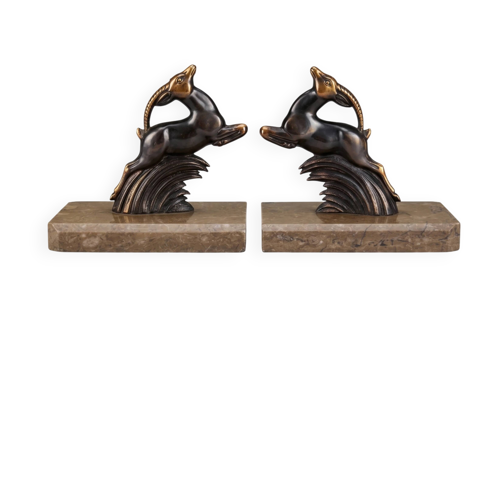 Art Deco bookends in patinated metal – animal pair – marble bases