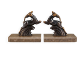 Art Deco bookends in patinated metal – animal pair – marble bases