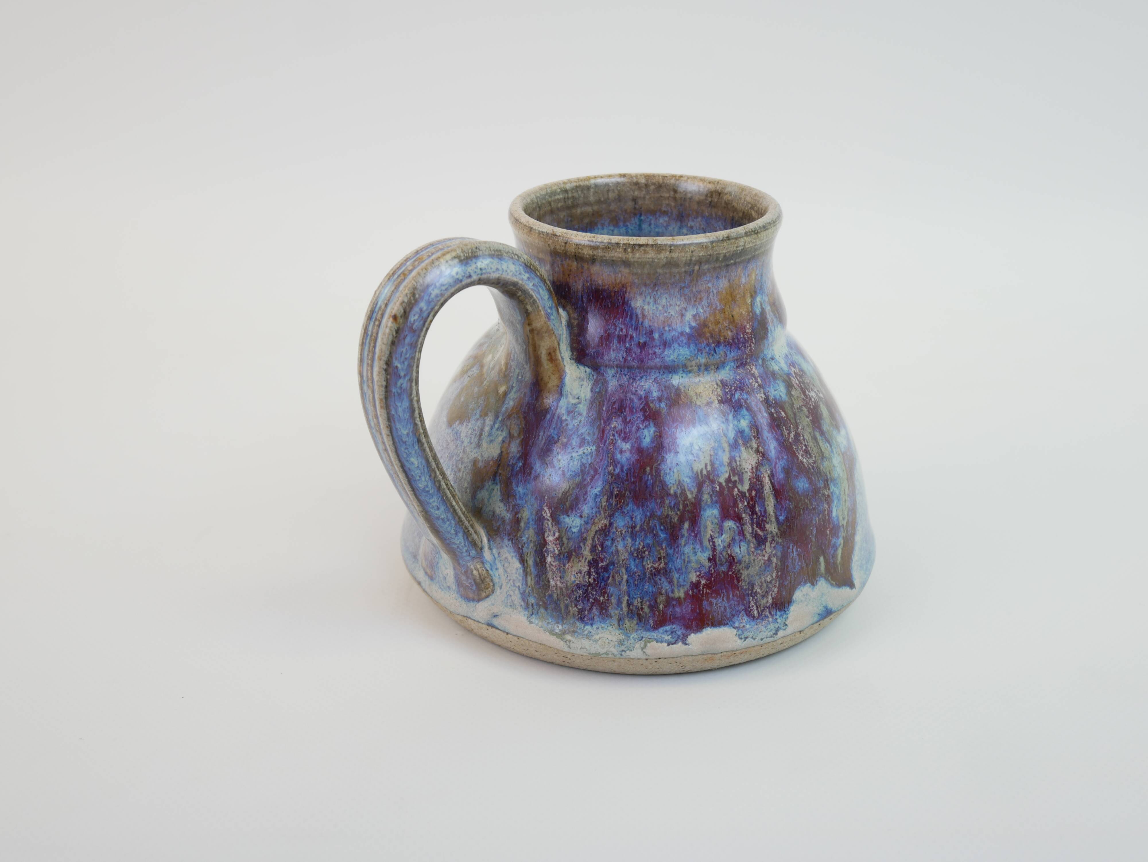 signed blue purple enamel ceramic pitcher