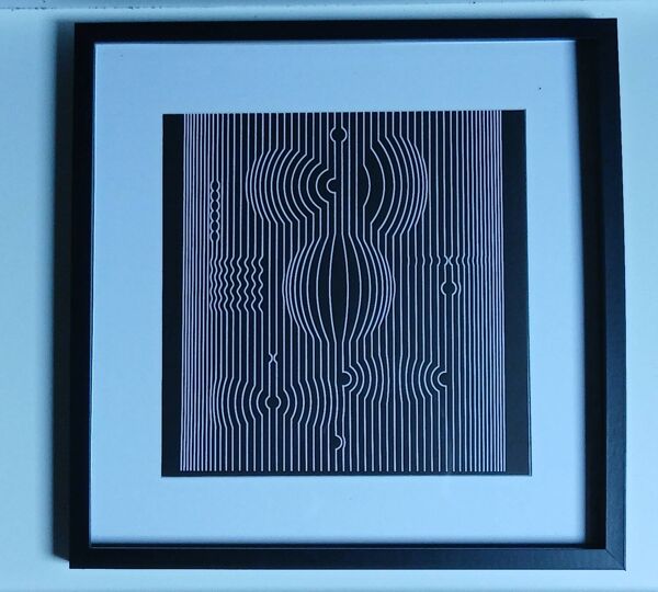 Tableau Vintage Art Optique – Composition Linéaire N&B – Cadre 40x40cm