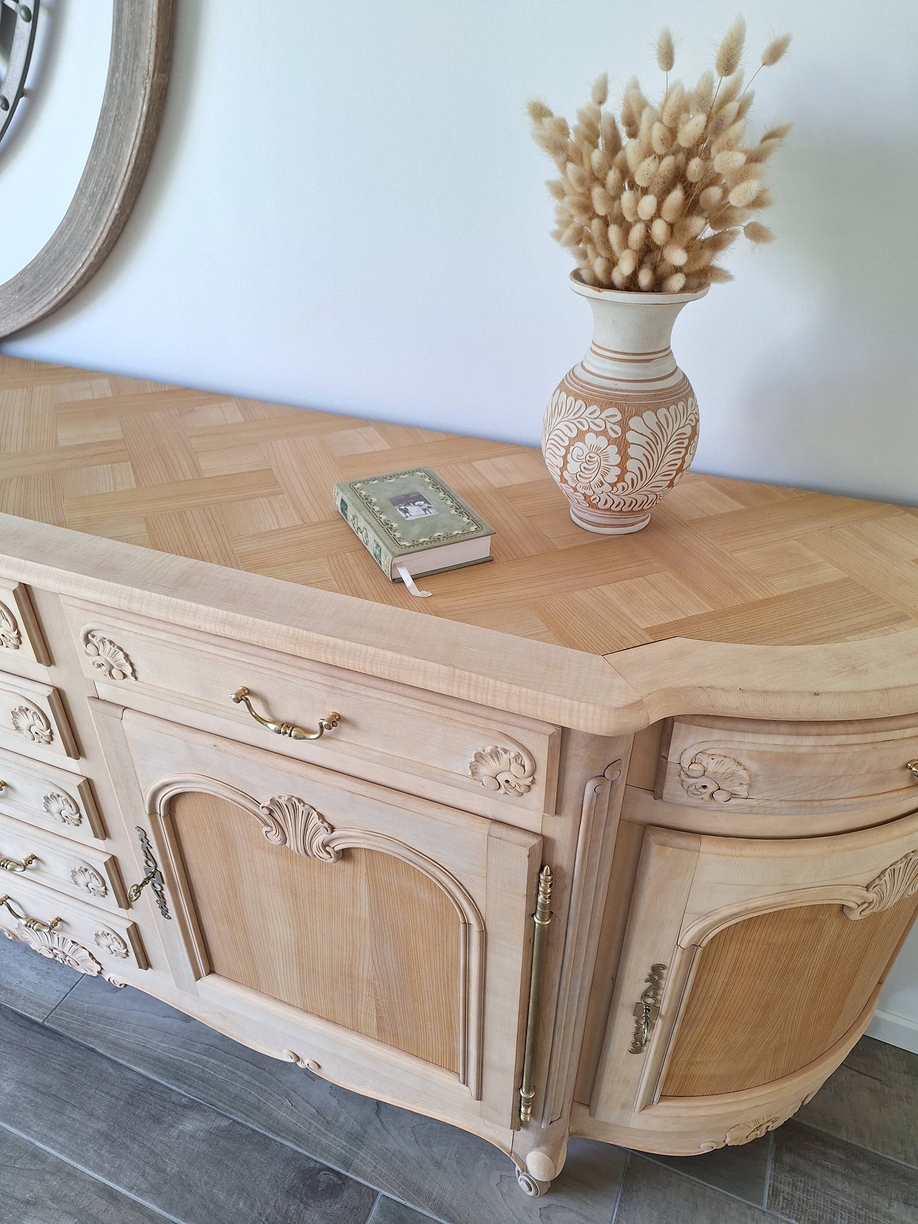 Low buffet in renovated solid cherry wood – Revisited Louis XV style – 250 cm