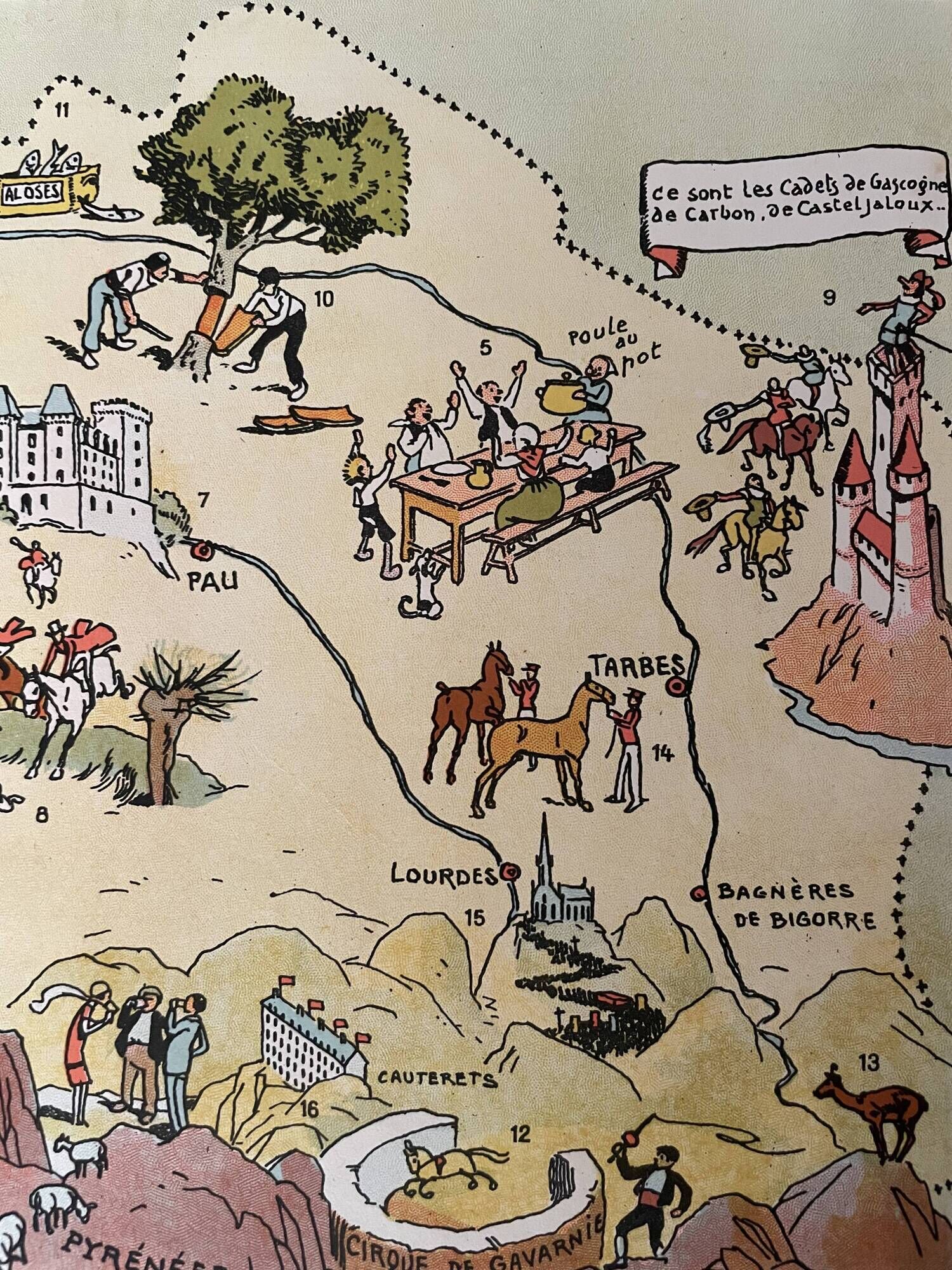 Old illustrated map of Gascony Béarn Basque Country 1929 - JP Pinchon