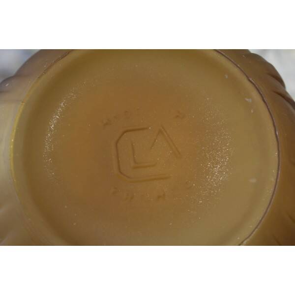 Amber yellow satin glass moulded round vase signed CLA, Art Deco, circa 1930.