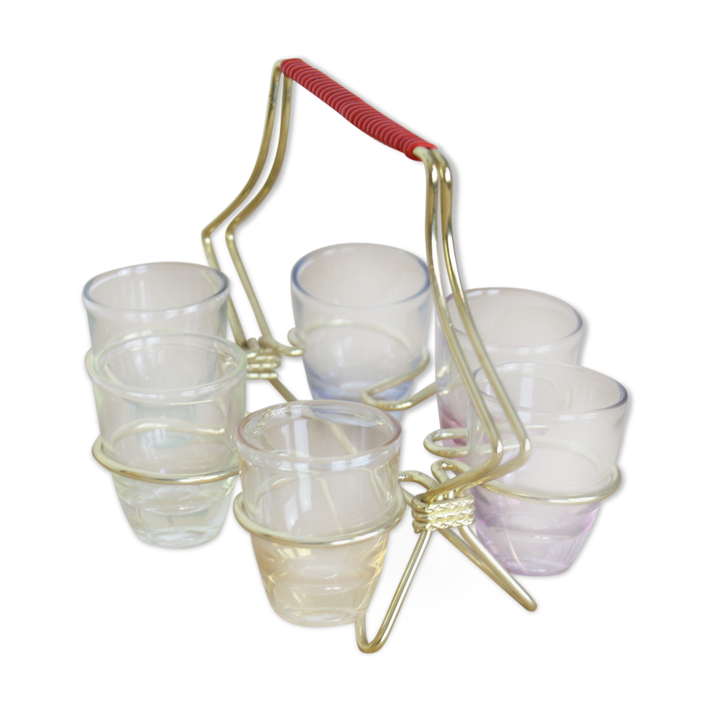 Set of 6 coloured and iridescent liquor glasses in their brass basket