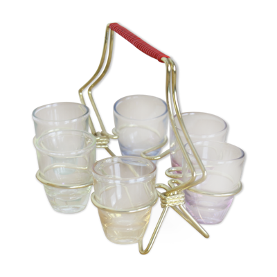 Set de 6 verres à liqueur colorés et irisés dans leur support en laiton