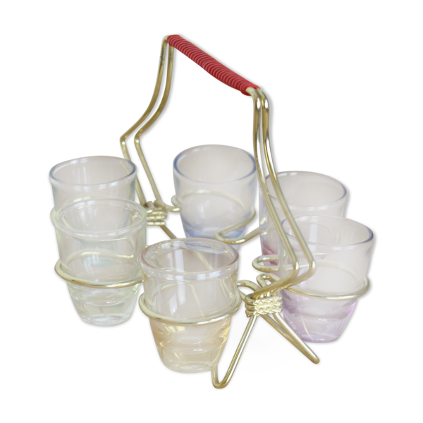 Set de 6 verres à liqueur colorés et irisés dans leur support en laiton