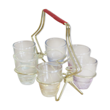 Set de 6 verres à liqueur colorés et irisés dans leur support en laiton
