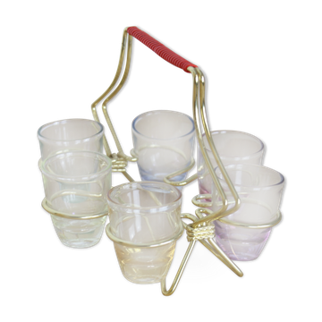 Set de 6 verres à liqueur colorés et irisés dans leur support en laiton