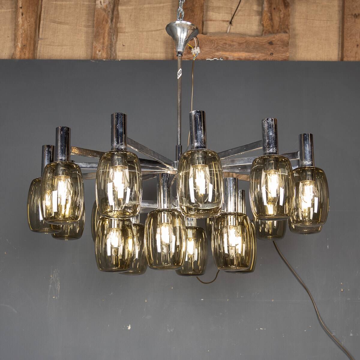 20thC ITALIAN CHROME & SMOKED GLASS EIGHTEEN LIGHT CHANDELIER c.1970