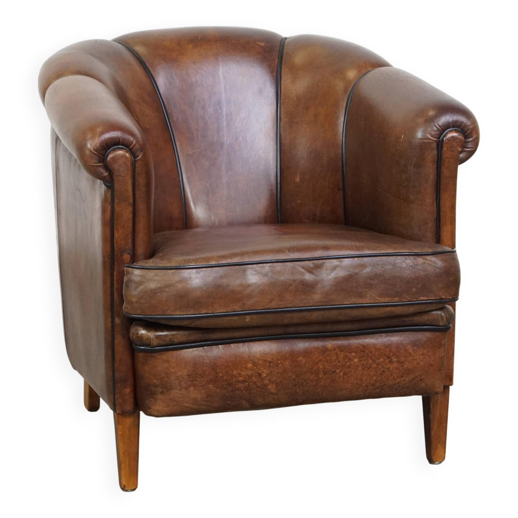 Dark Sheepskin Leather Club Chair with Black Piping