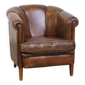 Dark Sheepskin Leather Club Chair with Black Piping