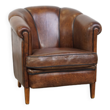 Dark Sheepskin Leather Club Chair with Black Piping
