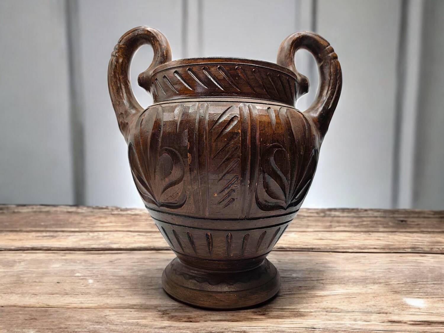 Vintage Hand-Carved Terracotta Urn - Dual Handles & Floral Motifs