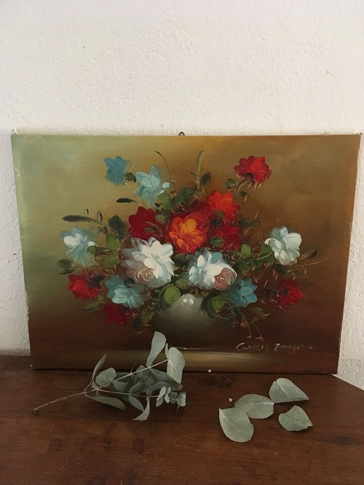 Painting still life bouquet of flowers in a vase.