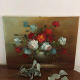 Painting still life bouquet of flowers in a vase.