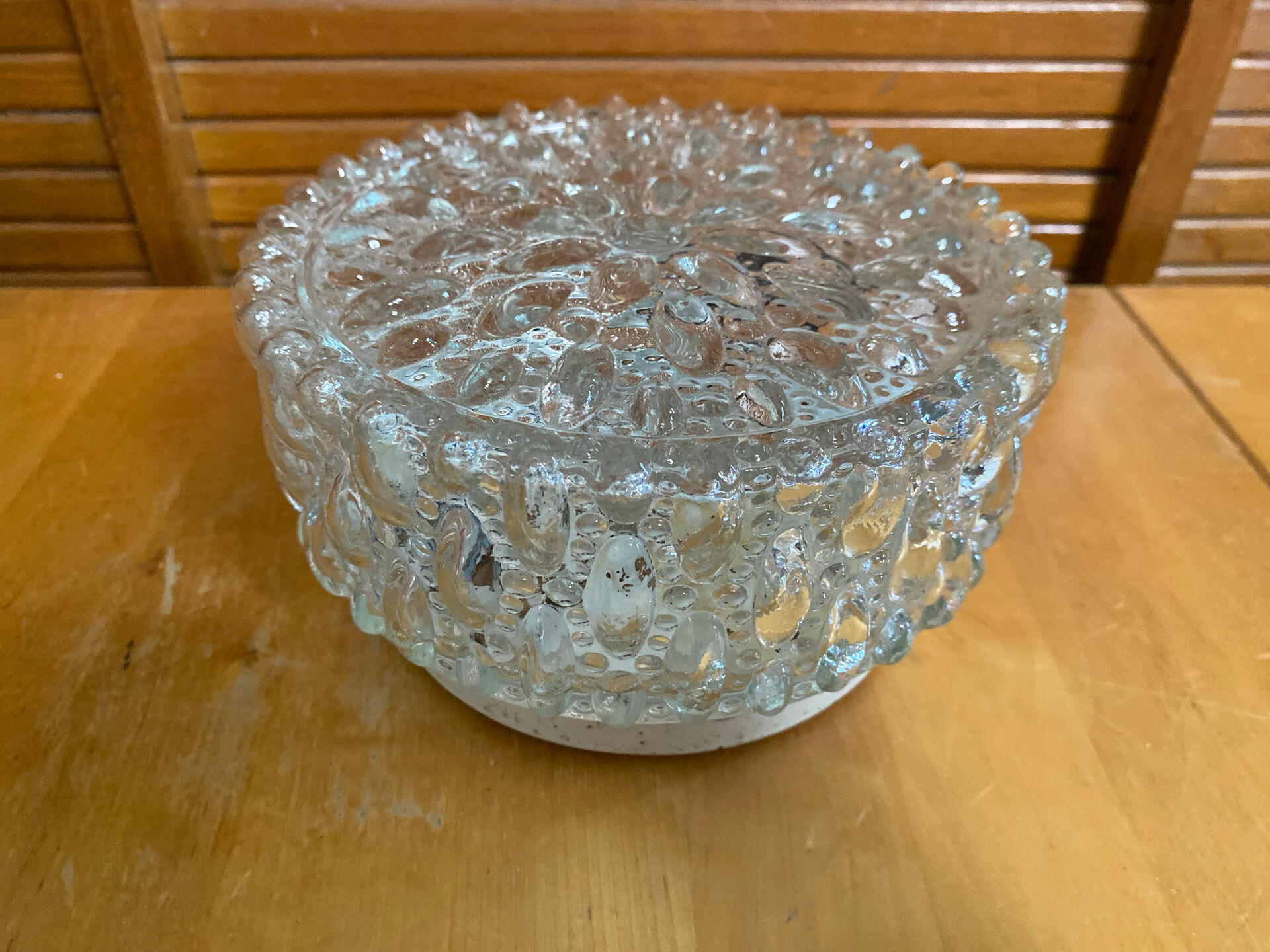 Vintage Ceiling Light Fixture with Moulded Glass + White Metal Support Mid-Century