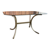 Brass and glass dining table, yellow finish, Hollywood Regency style (1970s)