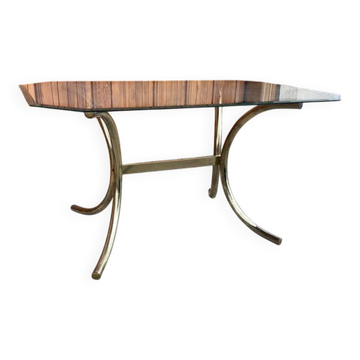 Brass and glass dining table, yellow finish, Hollywood Regency style (1970s)