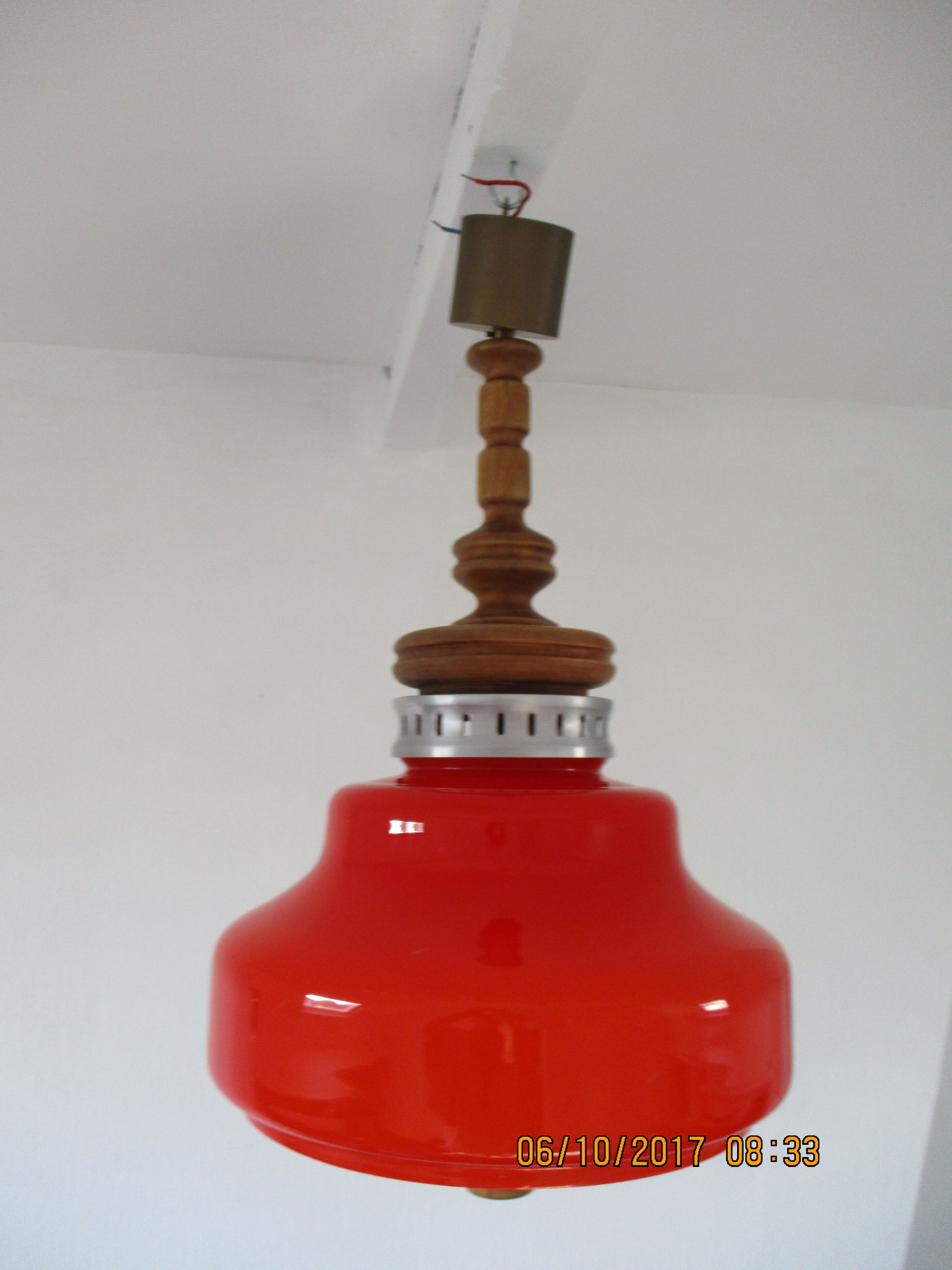 Large suspension in orange opaline and wood design 70s