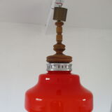 Large suspension in orange opaline and wood design 70s