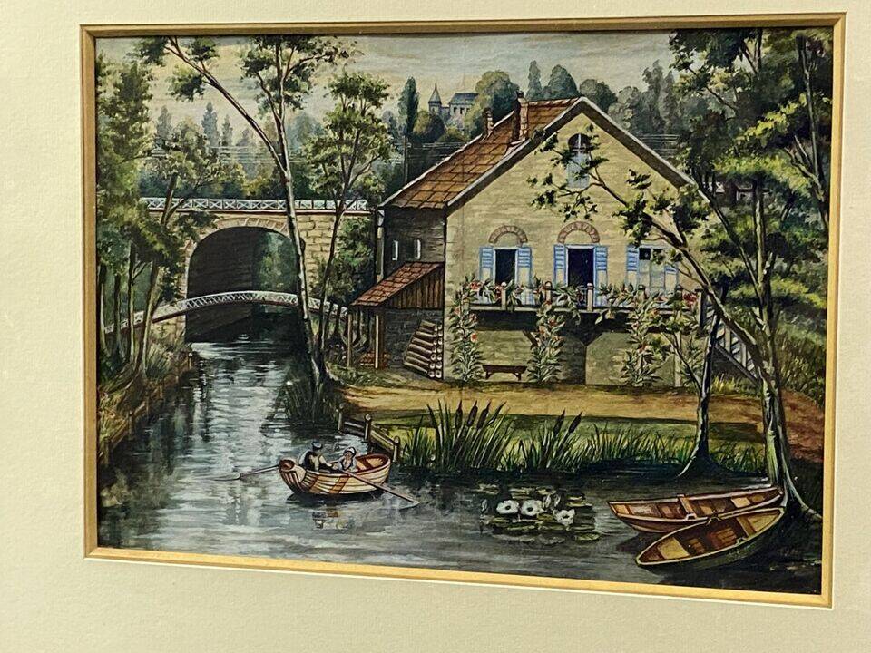 Gouache painting early 20th century Landscape at the mill and boat trip on the Marne