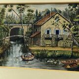 Gouache painting early 20th century Landscape at the mill and boat trip on the Marne