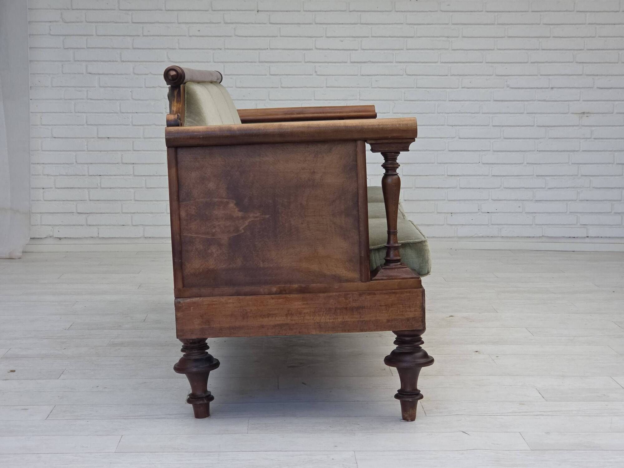 1930s, Danish 3 seater antique sofa, furniture velour, ash wood.