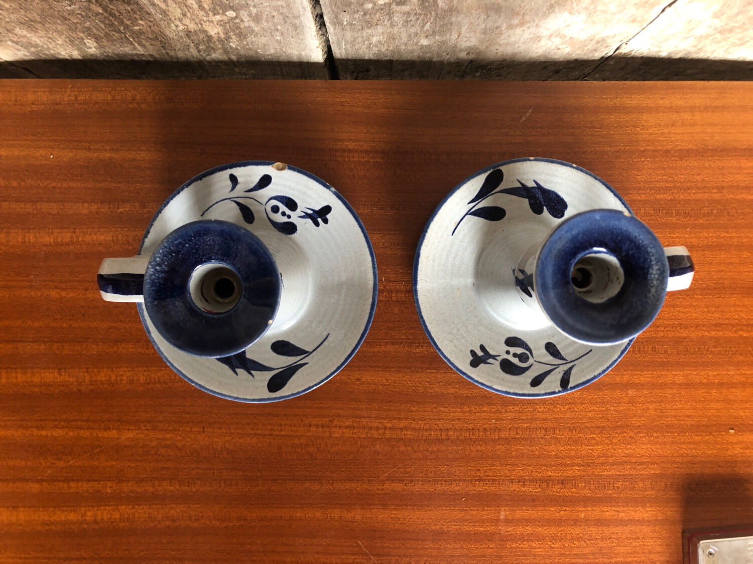 Old pair of hand candlesticks st clément céramique bleue france #a266