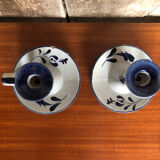 Old pair of hand candlesticks st clément céramique bleue france #a266