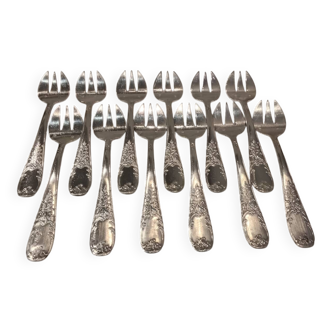 12 silver-plated oyster forks by silversmith Platil St Rocaille