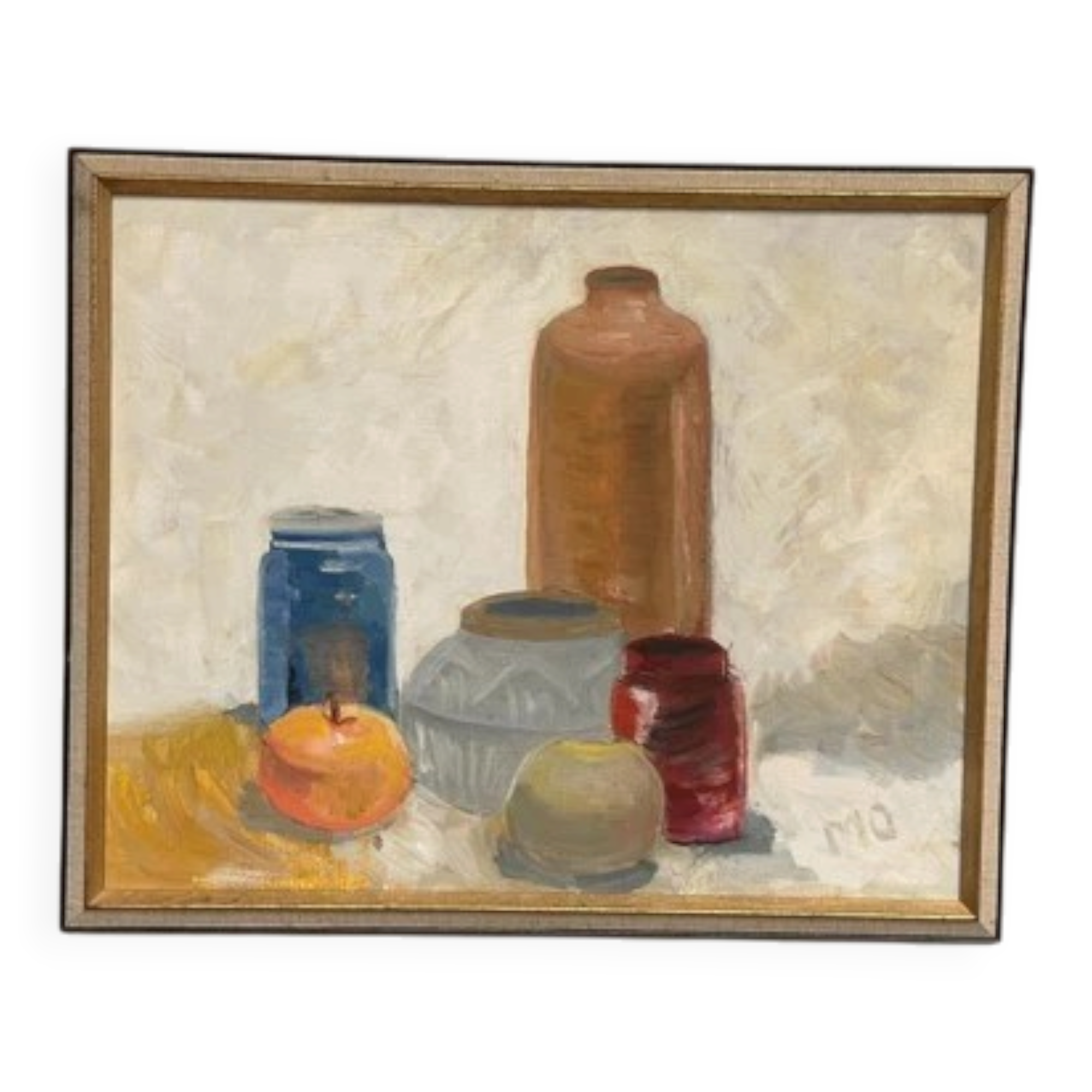 Mid-Century Oil on panel – "Still Life" by M.O. Vintage & Framed 44 × 26 cm
